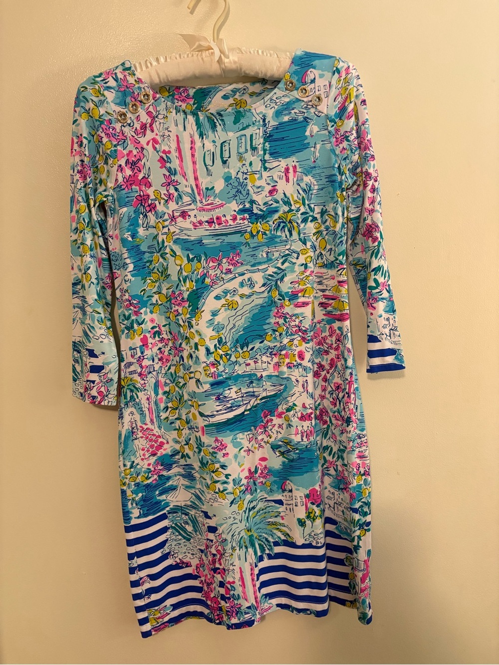 Lilly Pulitzer Blue, Pink & Yellow Scenic Print Shift Dress SPF